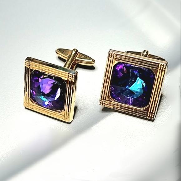 Vintage Rivoli Cufflinks Designer Gold Alloy Blue Purple Square 1960s - Picture 3 of 6